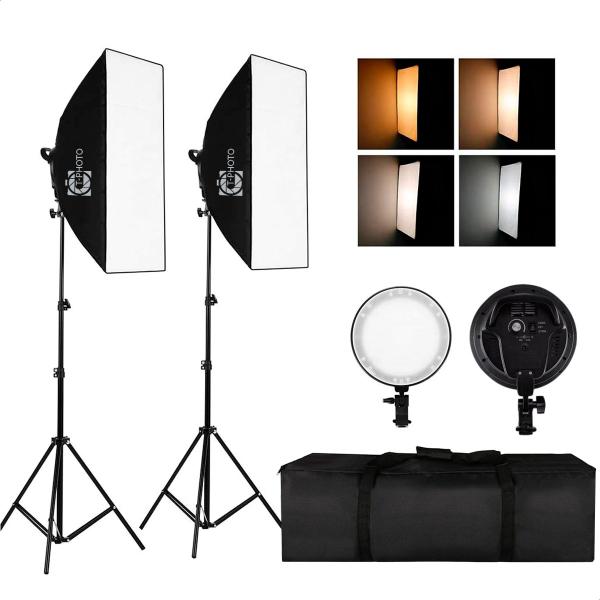 Duplo Softbox Iluminador Led Embutido com Iluminação Regulável 2700k - 5500k com Tripés e Bolsa T-Photo Imagem de Duplo Softbox Iluminador Led Embutido com Iluminação Regulável 2700k - 5500k com Tripés e Bolsa T-Photo