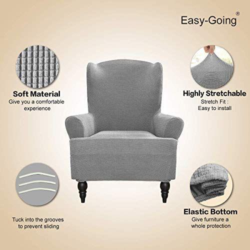 Imagem de Easy-Going Stretch Wingback Chair Sofá Slipcover 1-Piece Sofá Cover Móveis Protetor Sofá macio com elástica fundo Spandex Jacquard Tecido Pequenos cheques (Cadeira de asa, cinza claro)