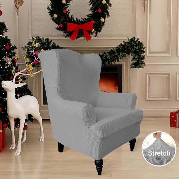 Imagem de Easy-Going Stretch Wingback Chair Sofá Slipcover 1-Piece Sofá Cover Móveis Protetor Sofá macio com elástica fundo Spandex Jacquard Tecido Pequenos cheques (Cadeira de asa, cinza claro)