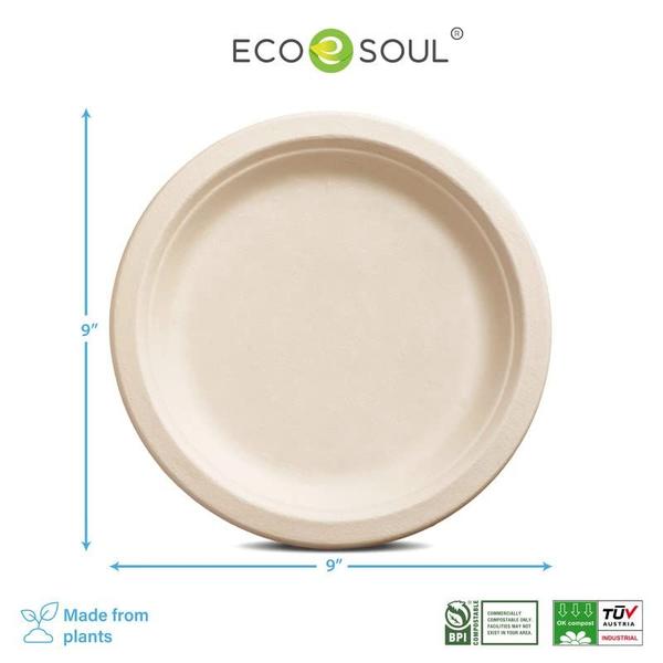 Imagem de ECO SOUL 100% Compostável 9 Polegadas Placas de Papel 500-Pack Placas de Festa Descartáveis I Heavy Duty Eco-Friendly Dinner Plates Descartáveis I Biodegradáveis Placas Ecológicas de Cana-de-Açúcar Não Branqueadas