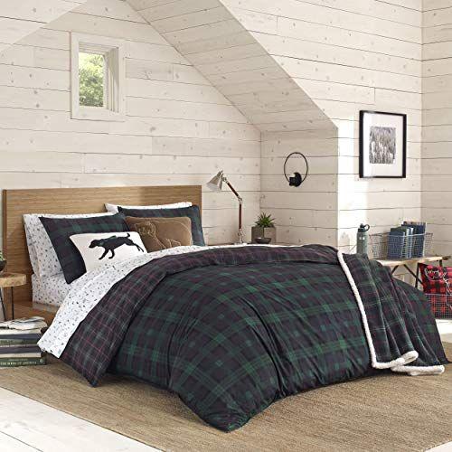 Imagem de Eddie Bauer - Conjunto Edredom Duplo, Roupa de Cama Reversível de Algodão com Sham Correspondente, Decoração de Casa Xadrez Elegante (Woodland Tartan Green, Twin)