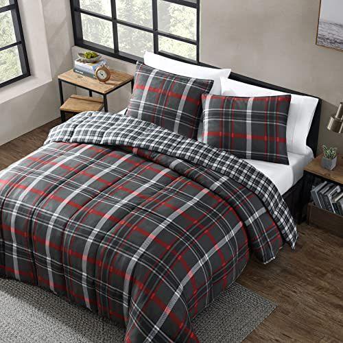 Imagem de Eddie Bauer - Conjunto Edredom King, Roupa de Cama Xadrez Reversível com Shams Correspondentes, Decoração para Ambientes Domésticos para Meses Mais Frios (Willow Dark Grey, King)