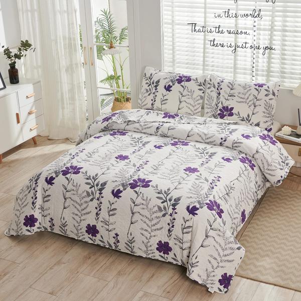 Imagem de Edredões de cama verdes Essen Floral King Purple Grey Acolchoados