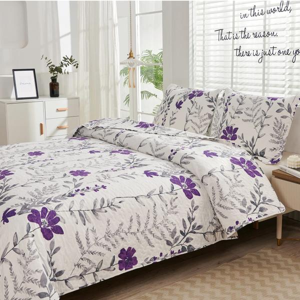 Imagem de Edredões de cama verdes Essen Floral King Purple Grey Acolchoados