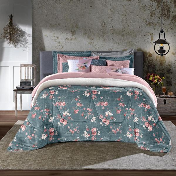 Imagem de Edredom Casal Plush Sherpa Coberdrom D Face Estampado Roses