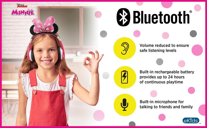 Imagem de eKids Minnie Mouse Kids Fones de ouvido Bluetooth para fones de ouvido Bluetooth recarregáveis sem fio com microfone Kid Friendly Sound e Bônus Cabo Destacável, 1 (n/a)