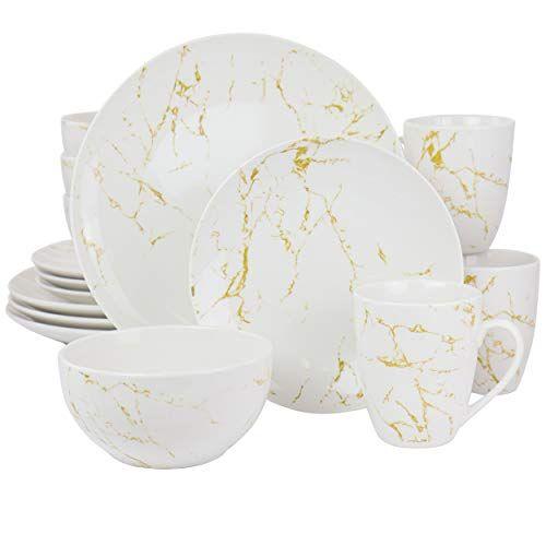 Imagem de Elama Fine Marble Round Gloss Dinnerware Conjunto de Pratos, 16 Peças, Branco e Dourado