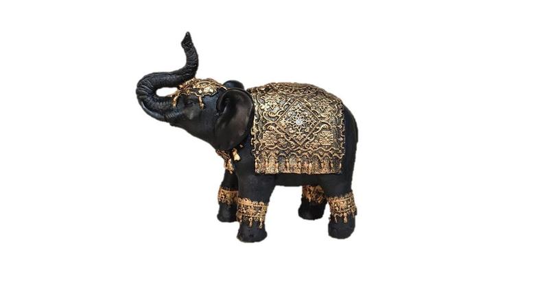 Imagem de Elefante Da Sorte Indiano de Resina Preto com Manto Dourado