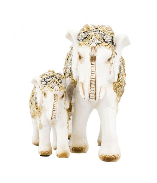 Imagem de Elefante Mãe Filhote Branco Ornamentado 18cm - Resina Animais