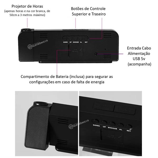 Imagem de Elegante Relógio De Mesa Digital LEDs Coloridos Com Projetor de Horas Acompanha Cabo USB LE8138