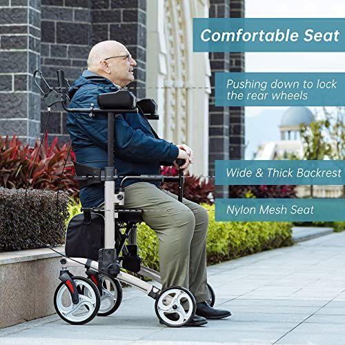 Imagem de ELENKER Caminhante Vertical, Stand Up Rollator Walker Dobrável com 10" Rodas dianteiras Encosto Assento e Armrests Acolchoados para Idosos e Adultos, Prata