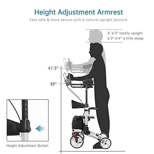 Imagem de ELENKER Caminhante Vertical, Stand Up Rollator Walker Dobrável com 10" Rodas dianteiras Encosto Assento e Armrests Acolchoados para Idosos e Adultos, Prata