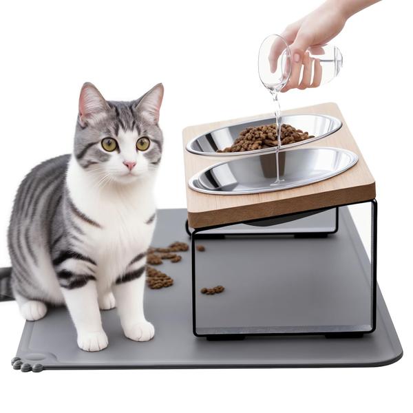 Imagem de Elevated Cat Bowls Summark aprimorado com inclinação de 15 com tapete de alimentação