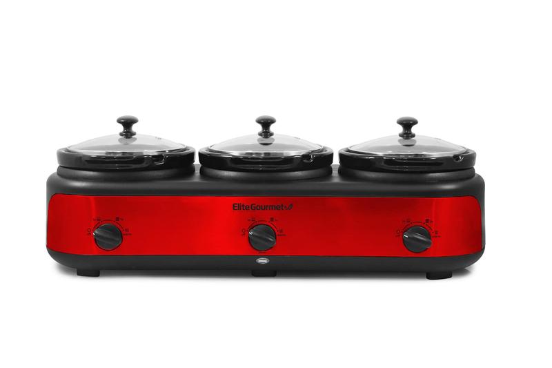 Imagem de Elite Gourmet Buffet Triple Slow Cooker 3x2.5Qt com Controle Ajustável (Vermelho)