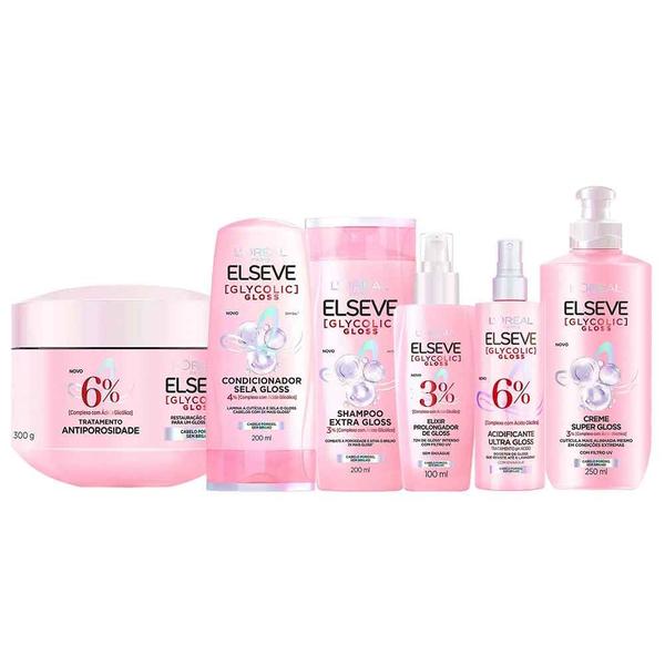 Elseve Glycolic Gloss Kit - Shampoo + Condicionador + Creme Super Gloss + Sérum + Tratamen...