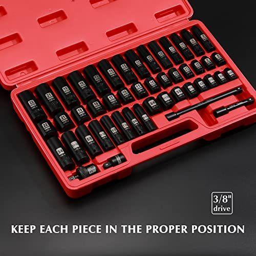 Imagem de EMENTOL 48PCS 3/8" Drive Deep and Shallow Impact Socket Set, SAE/Metric, CR-V, 6-Point Impact Socket Set, Barras de Extensão de Impacto, Redutor, Universal Joint