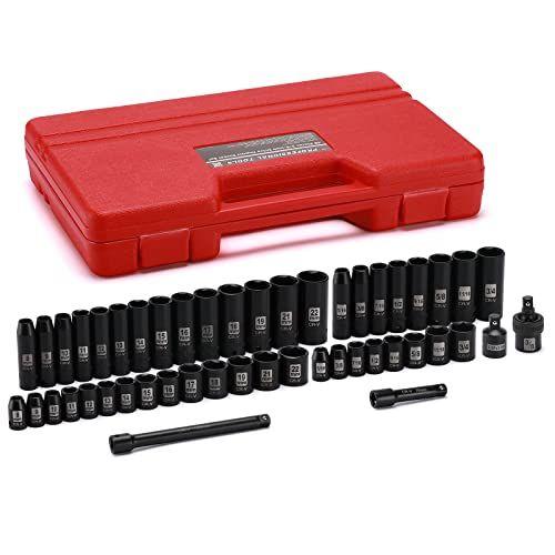 Imagem de EMENTOL 48PCS 3/8" Drive Deep and Shallow Impact Socket Set, SAE/Metric, CR-V, 6-Point Impact Socket Set, Barras de Extensão de Impacto, Redutor, Universal Joint