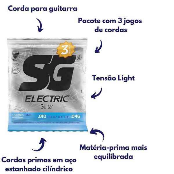 Encordoamento cordas Níquel para guitarra tensão leve 3 unidades SG Original - IZZO Imagem de Encordoamento cordas Níquel para guitarra tensão leve 3 unidades SG Original