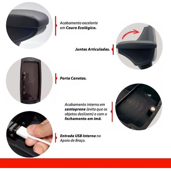 Imagem de Encosto Descanso Braço Apoio USB Meriva 2003 a 2012 Porta Objetos material ecológico Encaixe Porta Copo