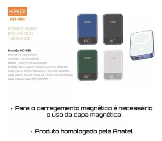 Imagem de Energia Infinita para Todas as Suas Necessidades Diárias: Power Bank 10.000mAh Magnético Kaidi, Entrega Garantida!