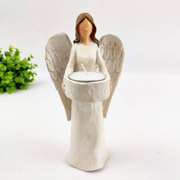 Imagem de Enfeite Anjo Castiçal Com Vela Decoração 20Cm Branco Moderno