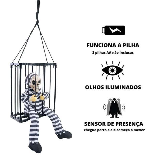 Imagem de Enfeite Halloween Caveira Presidiária Presa na Gaiola Fácil pra Pendurar