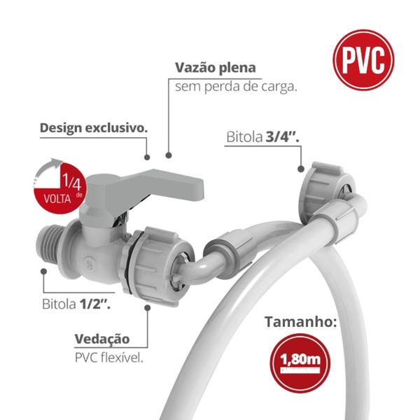 Imagem de Entrada Para Máquina De Lavar Com Bitola 3/4" Com Registro De Esfera,Tamanho 1,80m Branco/Cromado