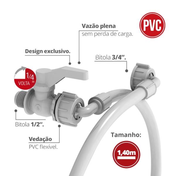 Imagem de Entrada Para Máquina De Lavar Com Bitola 3/4" E Registro De Esfera De Comprimento 1,40m Branco Durín