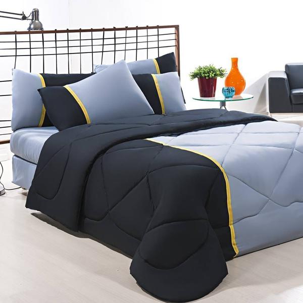 Enxoval Edredom + Jogo De Cama King Aconchego Premium 06 Peças - Preto/ Cinza - Enxovais Davy Imagem de Enxoval Edredom + Jogo De Cama King Aconchego Premium 06 Peças - Preto/ Cinza