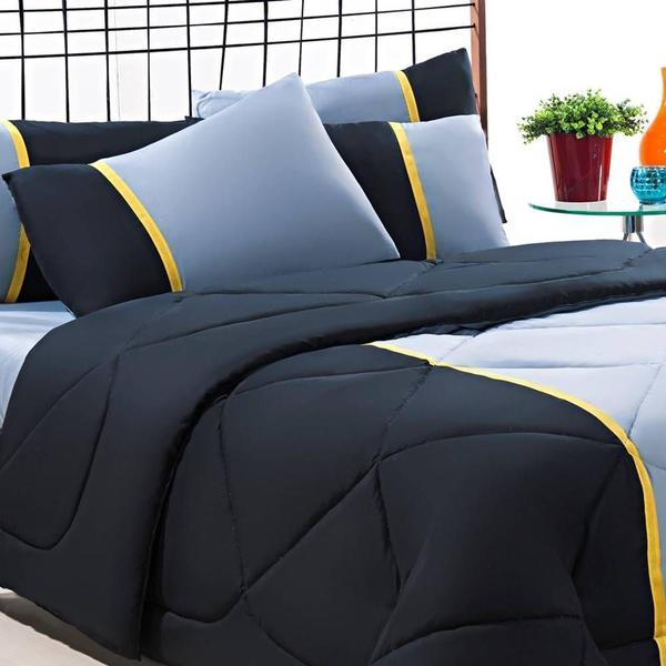Enxoval Edredom + Jogo De Cama King Aconchego Premium 06 Peças - Preto/ Cinza - Enxovais Davy Imagem de Enxoval Edredom + Jogo De Cama King Aconchego Premium 06 Peças - Preto/ Cinza