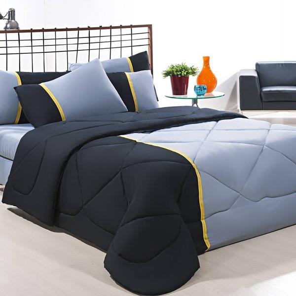 Enxoval Edredom + Jogo De Cama King Aconchego Premium 06 Peças - Preto/ Cinza - Enxovais Davy Imagem de Enxoval Edredom + Jogo De Cama King Aconchego Premium 06 Peças - Preto/ Cinza