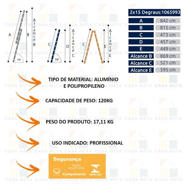 Imagem de Escada Extensiva Dupla De 2x15 - Alumínio 3 Em 1- 30 Degraus