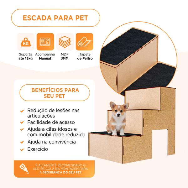 Imagem de Escada para Pet 3 Degraus MDF Carpete Antiderrapante 