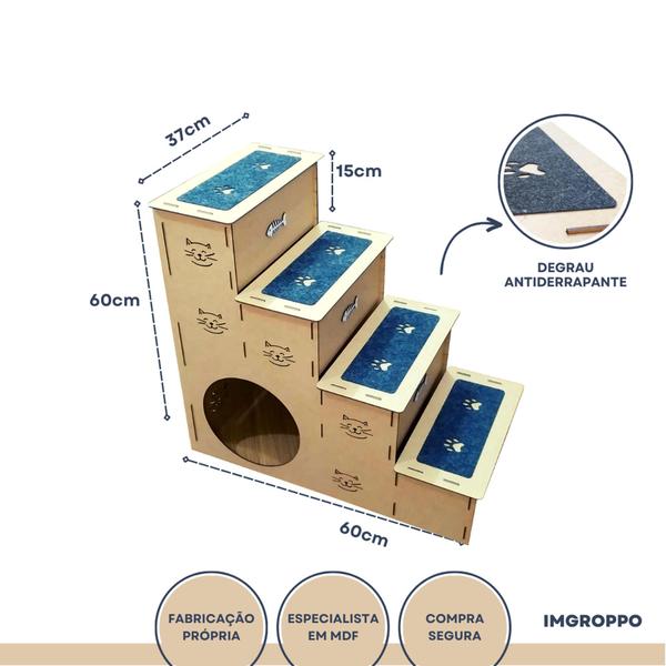 Escada PET MDF 4 degraus com carpete e toca para gato 60cm - IMGROPPO Imagem de Escada PET MDF 4 degraus com carpete e toca para gato 60cm