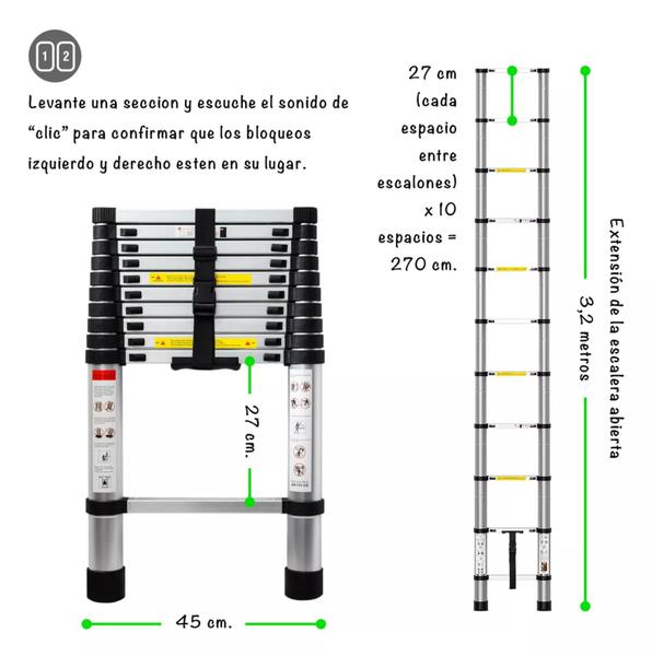 Imagem de Escada Telescopica Extensiva Aço Inoxidável 11 Degraus 3,2M