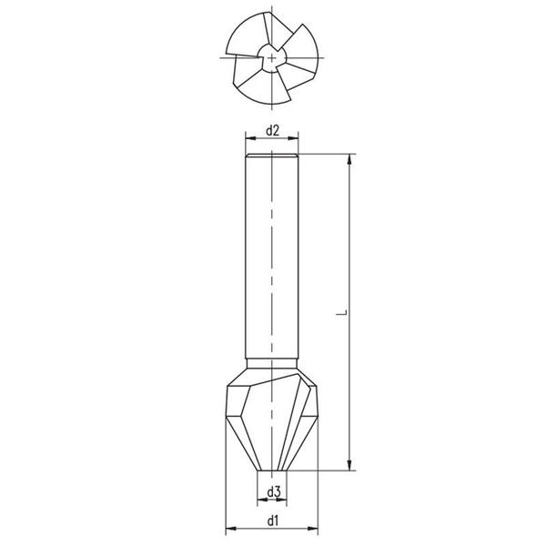 Imagem de Escareador 3 Cortes - Med. 10,0mm x 90º - Detalonado-Retificado Axial e Radial, Haste Cilíndrica, Corte à Direita, DIN 335 C - Aço HSS (M2) - Cód. 422