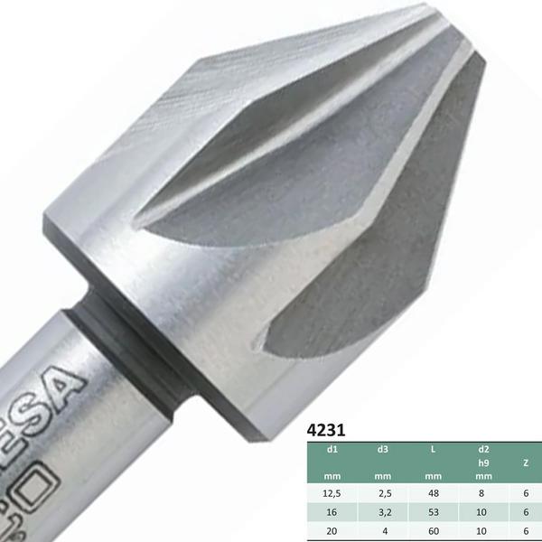 Imagem de Escareador - Med. 16,0mm x 60º - Dente Reto, Corte à Direita, Haste Cilíndrica, DIN 334 A - Aço HSS (M2) - Cód. 4201 - INDAÇO