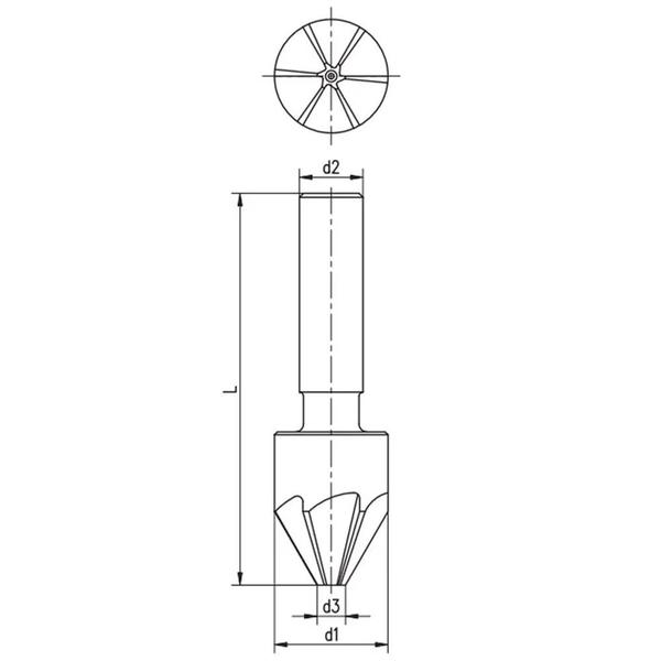 Imagem de Escareador - Med. 20,0mm x 60º - Dente Reto, Corte à Direita, Haste Cilíndrica, DIN 334 A - Aço HSS (M2) - Cód. 4201 - INDAÇO