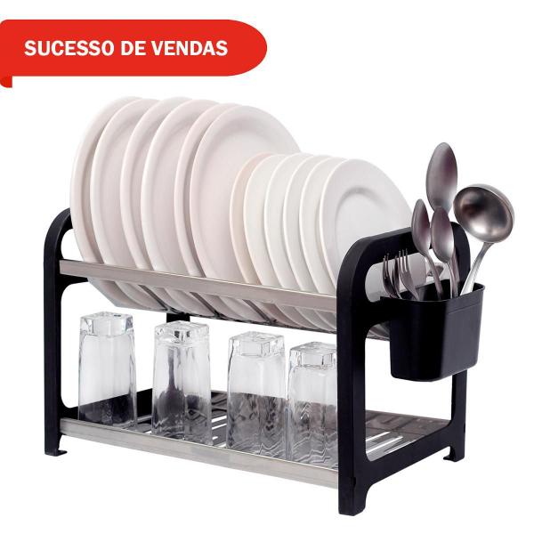 Imagem de Escorredor 16 Pratos Inox Preto Com Porta Talheres