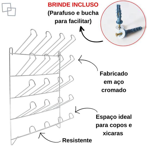 Imagem de Escorredor Copos 20 Lugares Parede Para Cozinha e Restaurantes