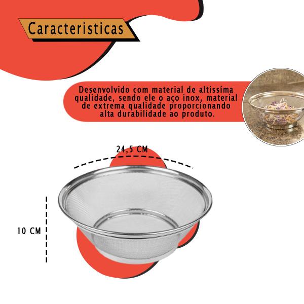 Imagem de Escorredor de Alimentos Multiuso em Aço inox Legumes Verduras Macarrão Coar Escorrer Lavador de Alimentos 24,5 cm