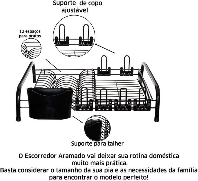 Imagem de Escorredor de Louça 12 Pratos 6 Copos Porta Talher Preto