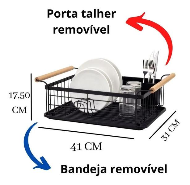 Imagem de Escorredor de louça 9 Pratos com Porta Talheres Preto Madeira Elegance Cozinha - Westing by Bsmix