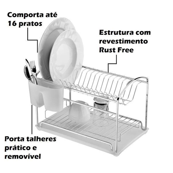 Imagem de Escorredor De Louça Duplo Com Bandeja Para Pratos Copos Porta Talheres Pia Cozinha Cromado - 1521 Future