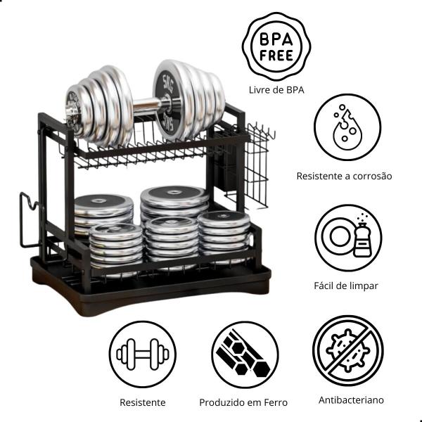 Imagem de Escorredor De Louça Em Aço Inox Com Drenagem Automática 360  Com 2 Níveis  Porta Copos Pratos Talheres e Tábua