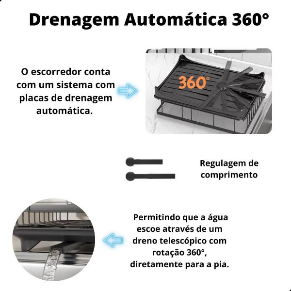 Imagem de Escorredor De Louça Em Aço Inox Com Drenagem Automática 360  Com 2 Níveis  Porta Pratos e Talheres X-Matte