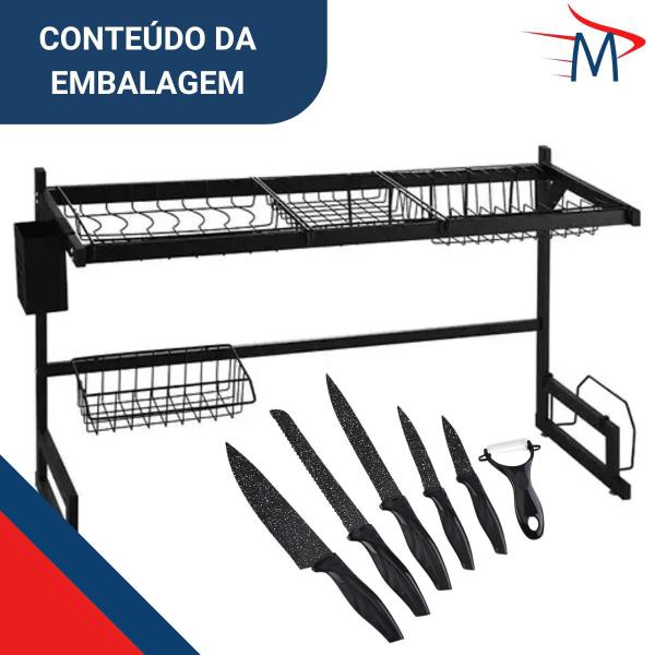 Imagem de Escorredor de Louça Inox Suspenso + Conjunto de Facas p/ Cozinha