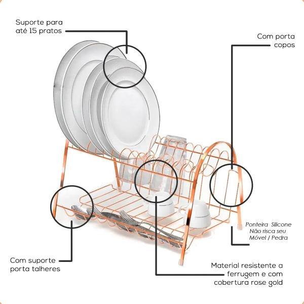 Imagem de Escorredor De Louça Max Duplo 15 Pratos Rose Gold - Arthi