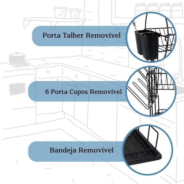 Imagem de Escorredor de louça paris preto 19 pratos 2 andares com porta-talheres e bandeja coletora removível - westingbybsmix