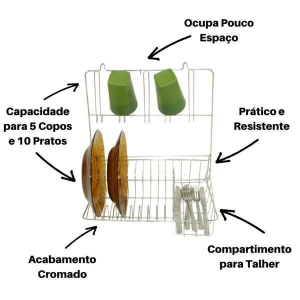 Imagem de Escorredor de Louça Pratos Copos Parede Cozinha Suspenso Cromado para 10 pratos - CSK Aramados